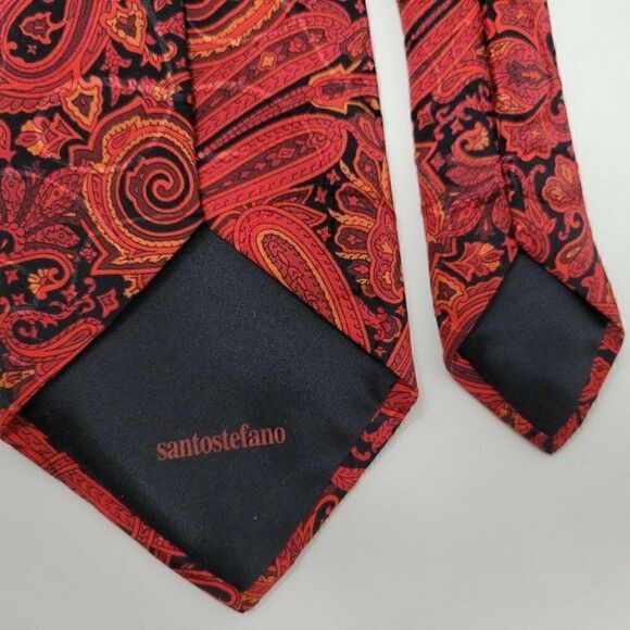 SANTOSTEFANO SILK TIE RED BLACK PAISLEY SATIN 3.75" EXTRA LONG - Picture 4 of 4